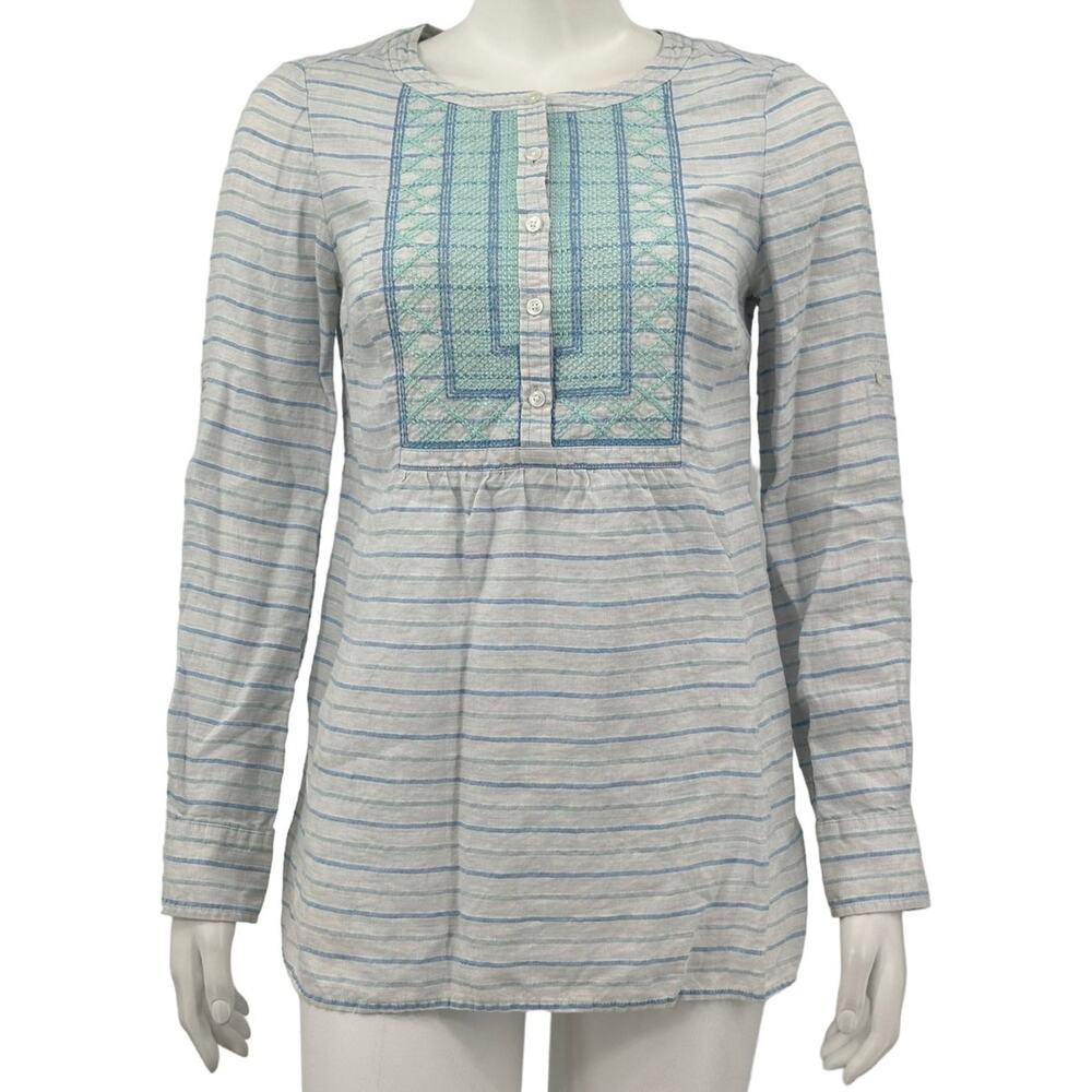 Vineyard Vines Top Womens 4 Beach Stripe Embroidered Popover 4 Blue Peasant Boho